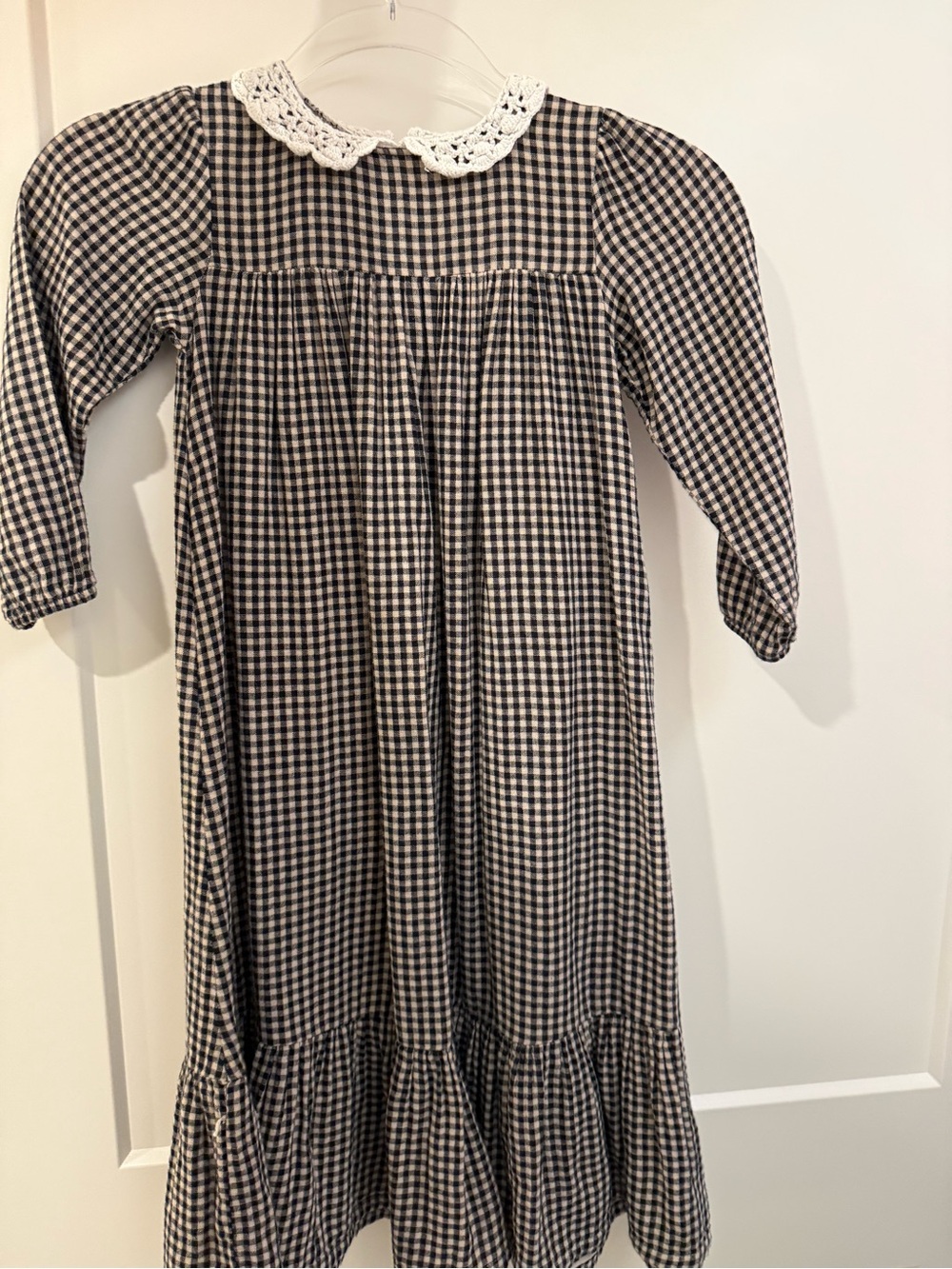 Girls Black & White Gingham Maxi Dress with Lace Collar